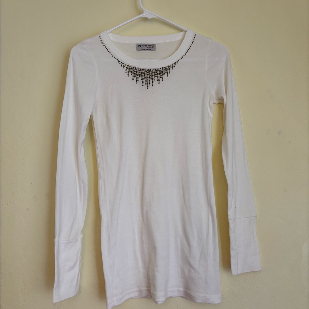 Michael Stars White Long-Sleeve Top with studded Neck Detail